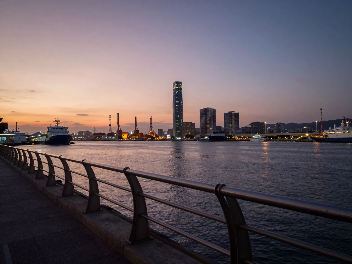 Kaohsiung Harbor at Nautical Dawn with Steel Railings and Morning Market Activity in in Kaohsiung, Taiwan
