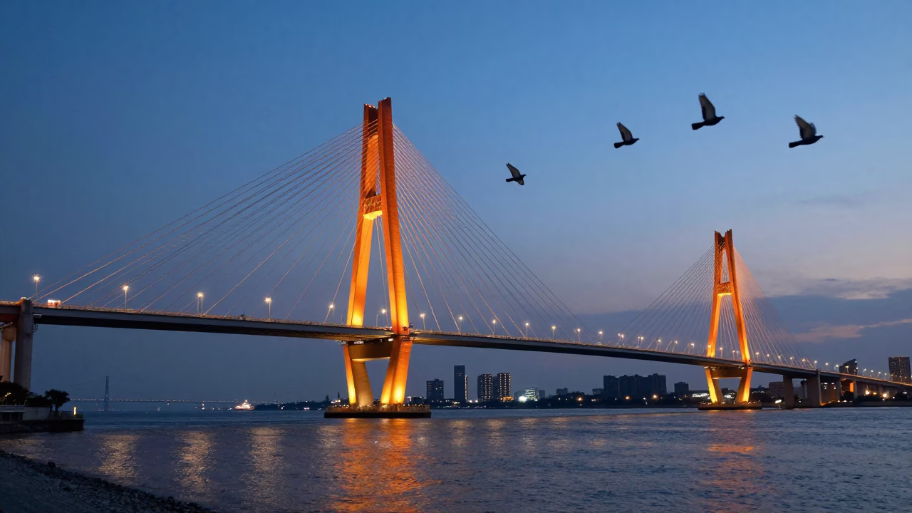 Kaohsiung Harbor Blue Hour Cable-Stayed Bridge Illuminated Pigeons Flying in in Kaohsiung, Taiwan