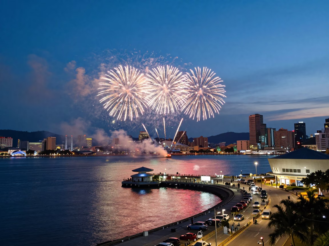 Kaohsiung Harbor Blue Hour Fireworks Over Pier-2 Art Center and Busy Street Vendors in in Kaohsiung, Taiwan
