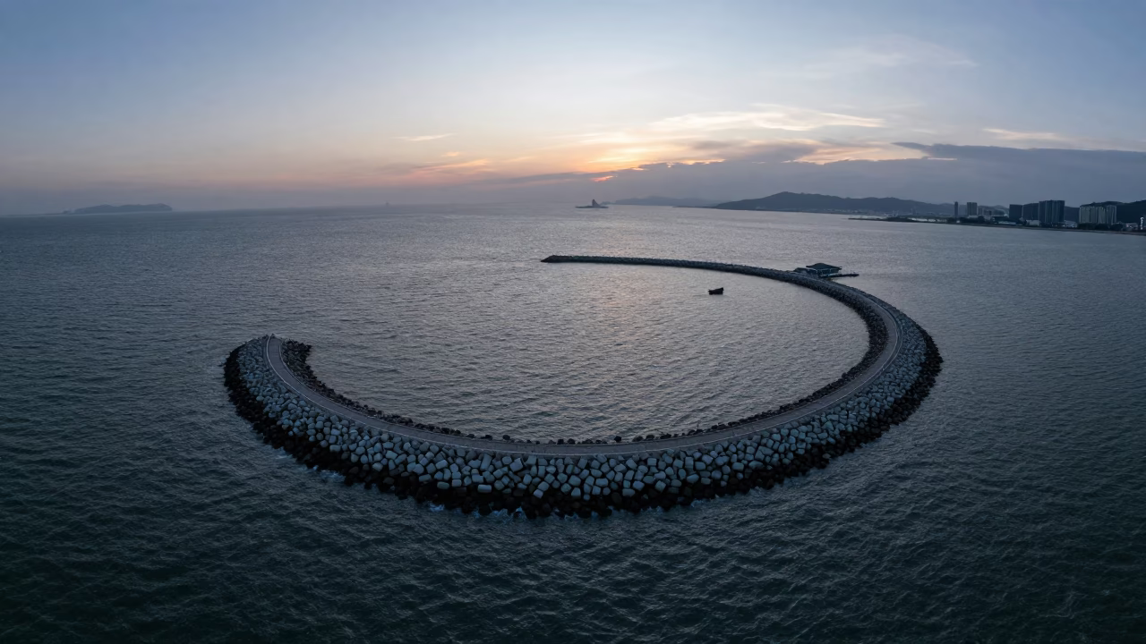 Kaohsiung Harbor Breakwater Aerial View at Nautical Dawn with Misty Water and Industrial Skyline in in Kaohsiung, Taiwan