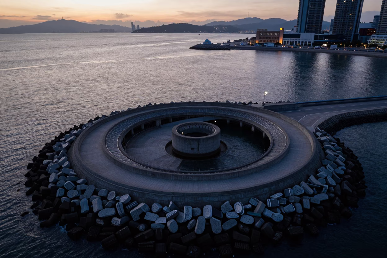 Kaohsiung Harbor Breakwater Spiral Aerial View Before Dawn Light in in Kaohsiung, Taiwan