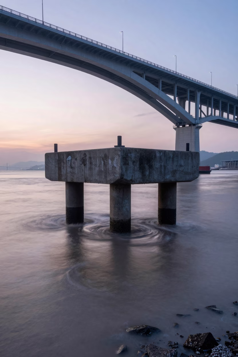 Kaohsiung Harbor Bridge Pier at Dawn with Grease Sheen on Road and Sampan Mist in in Kaohsiung, Taiwan