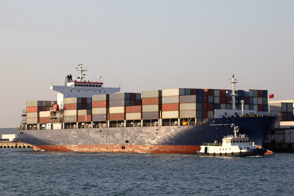 Kaohsiung Harbor Container Ship and Pilot Boat in Late Afternoon Light in in Kaohsiung, Taiwan