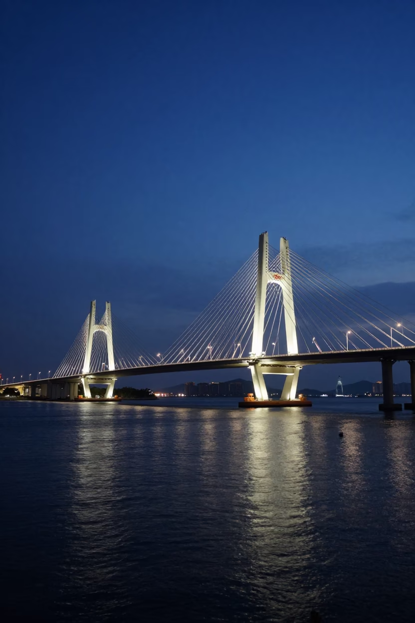 Kaohsiung Harbor Dawn Cable-Stayed Bridge Illuminated Against Dark Water in in Kaohsiung, Taiwan
