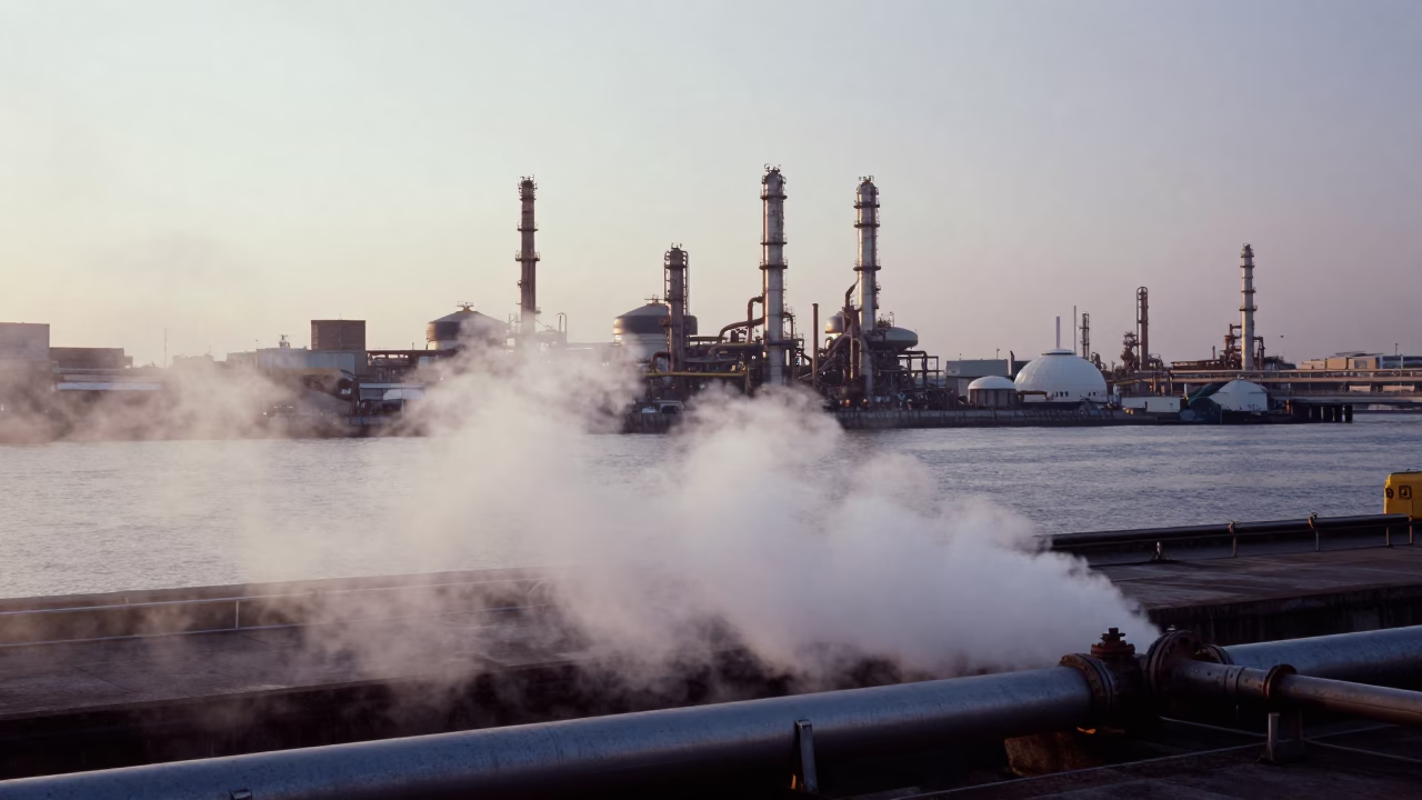 Kaohsiung Harbor Dawn Steam Rising from District Heating Pipes Near Oil-Slick Water in in Kaohsiung, Taiwan
