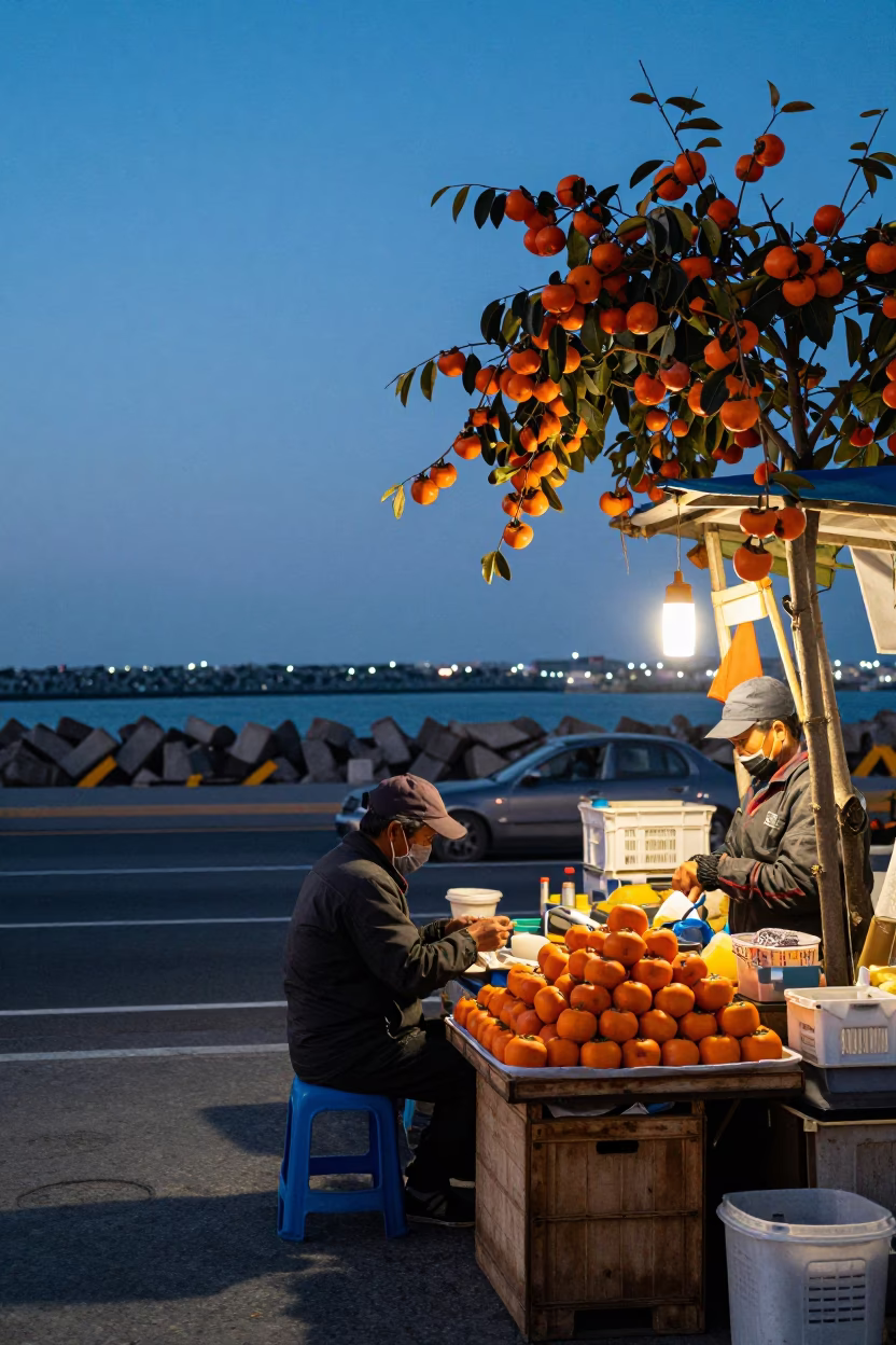 Kaohsiung Harbor Dawn Street Scene with Persimmons and Local Commerce in in Kaohsiung, Taiwan