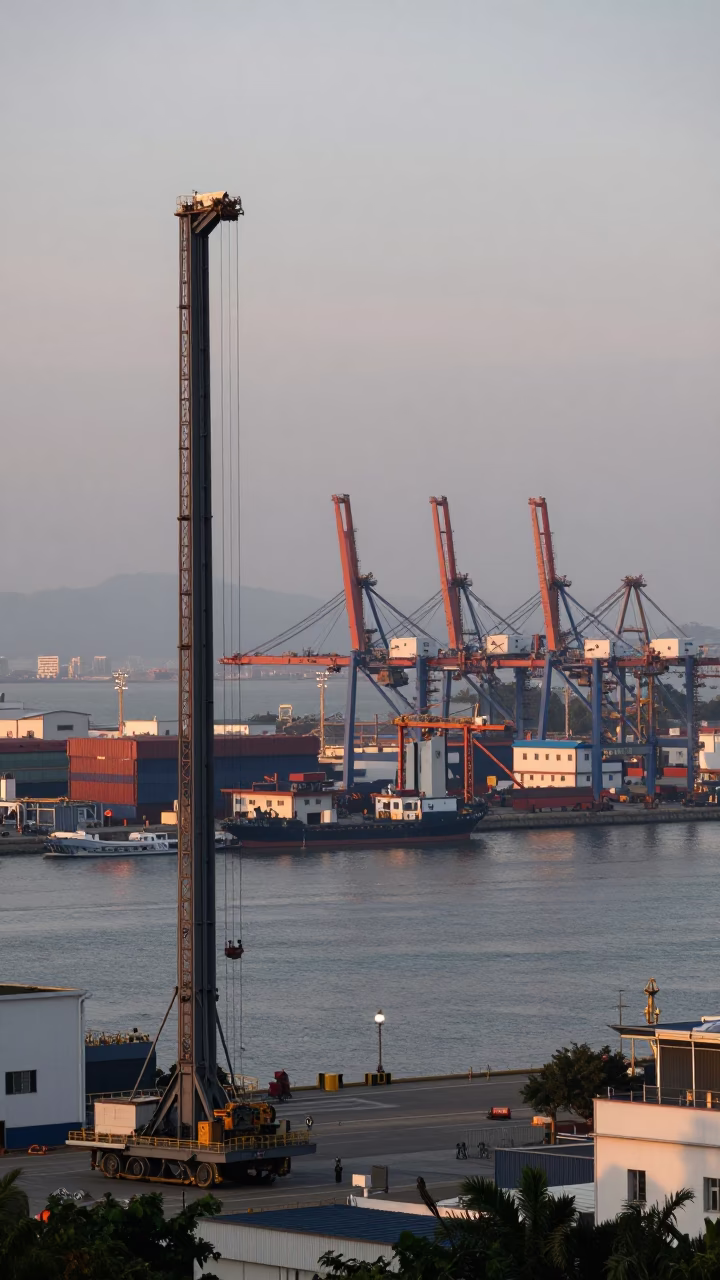 Kaohsiung Harbor Dawn View with Construction Elevator Gate and Rebar Bundles in in Kaohsiung, Taiwan