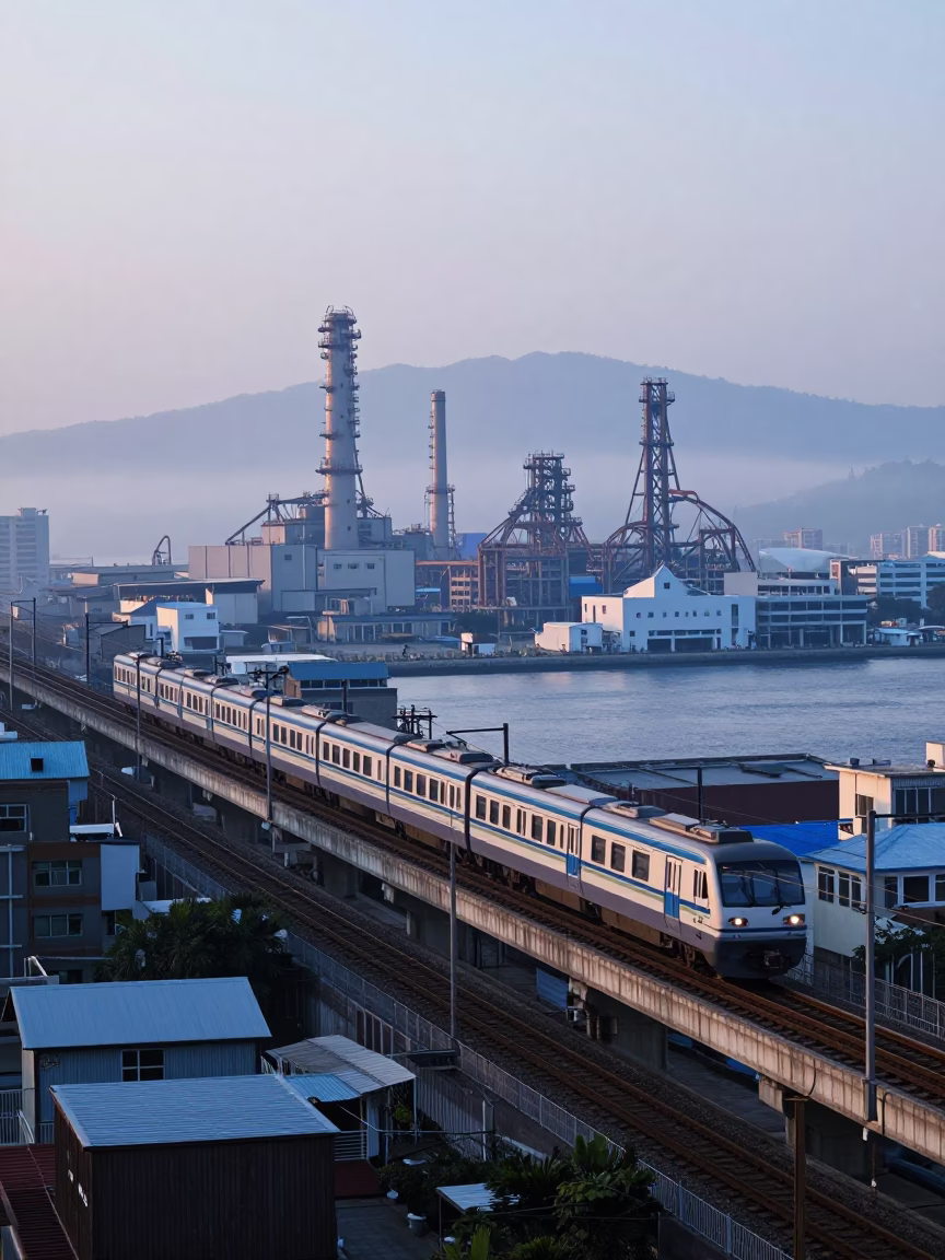 Kaohsiung Harbor Dawn View with Railway Tracks and Misty Skyline in in Kaohsiung, Taiwan