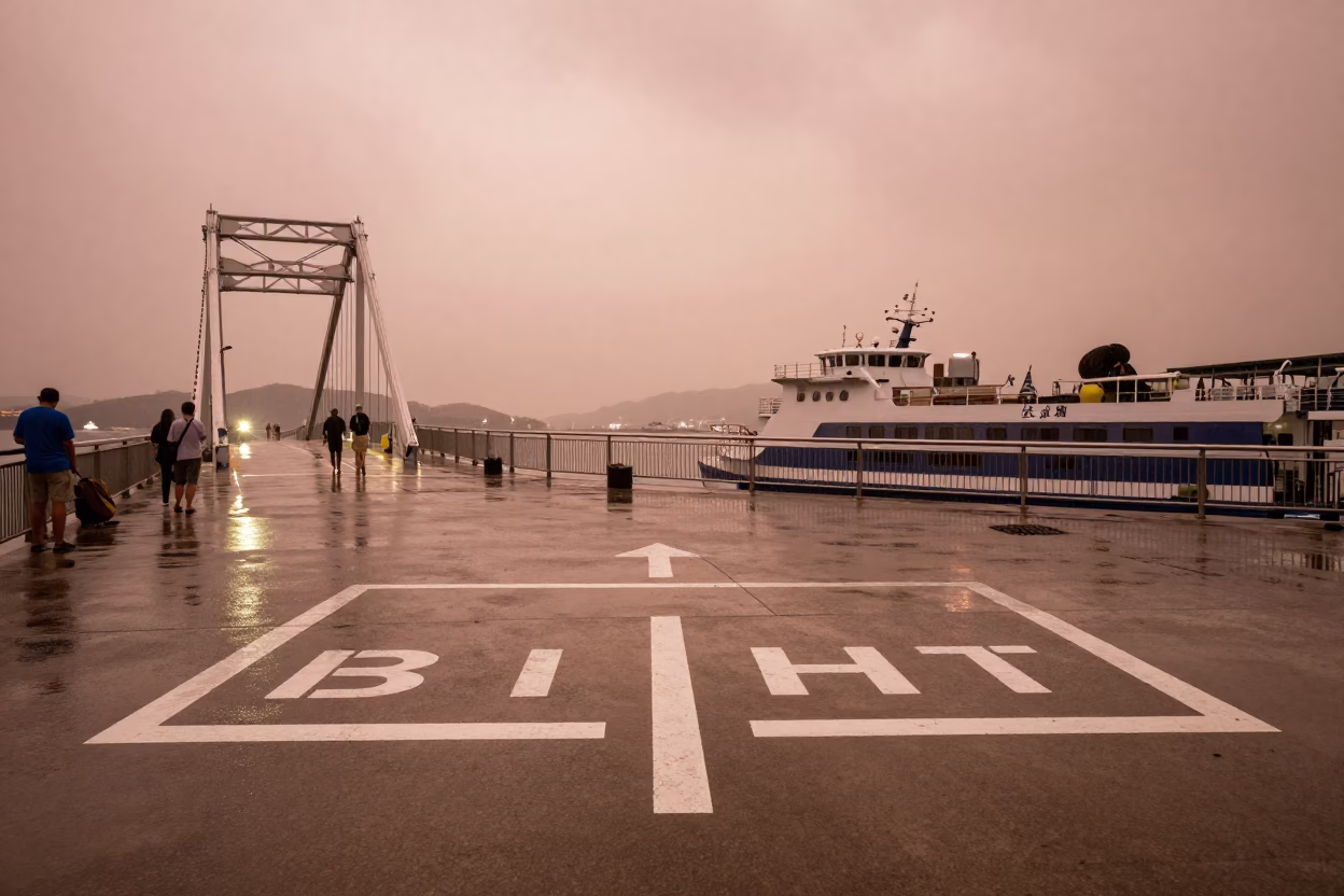 Kaohsiung harbor drizzle at dusk with drawbridge deck markings and finger smudges on glass in in Kaohsiung, Taiwan