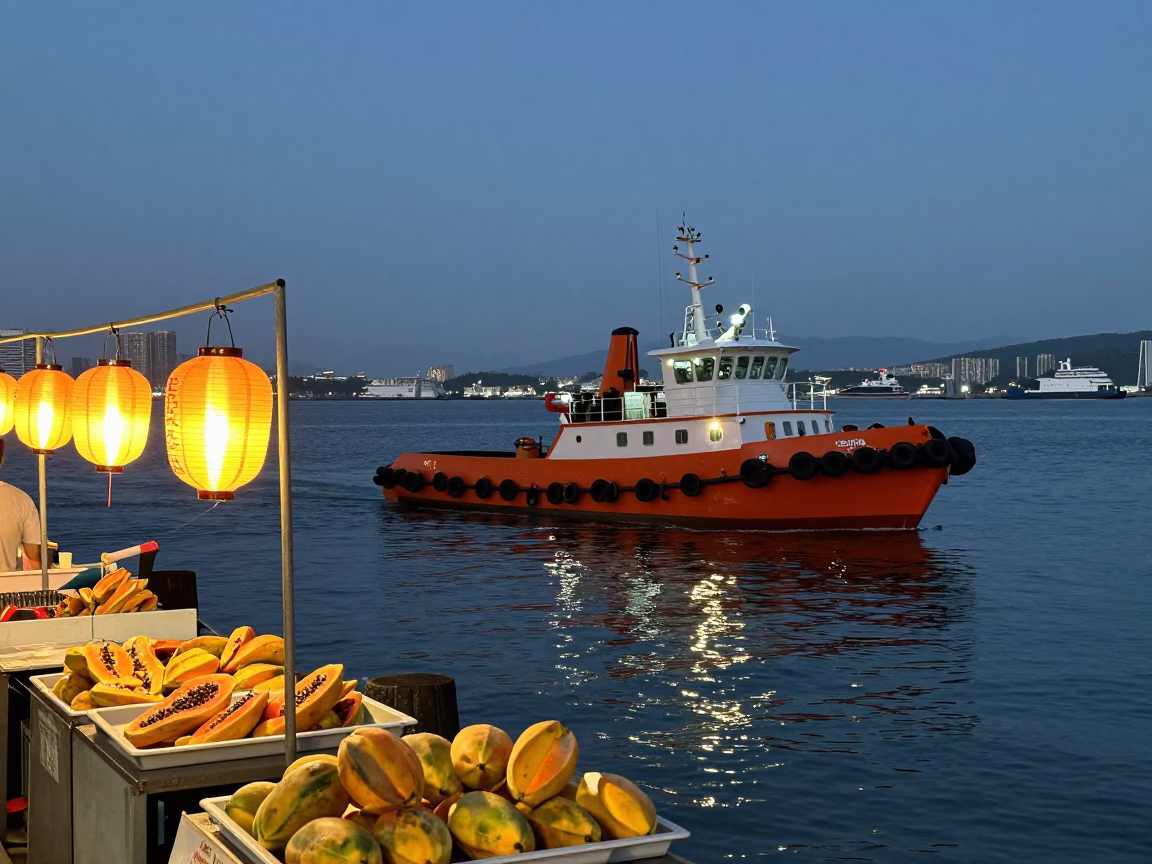 Kaohsiung Harbor Evening Tugboat Lanterns and Street Food Papayas in in Kaohsiung, Taiwan