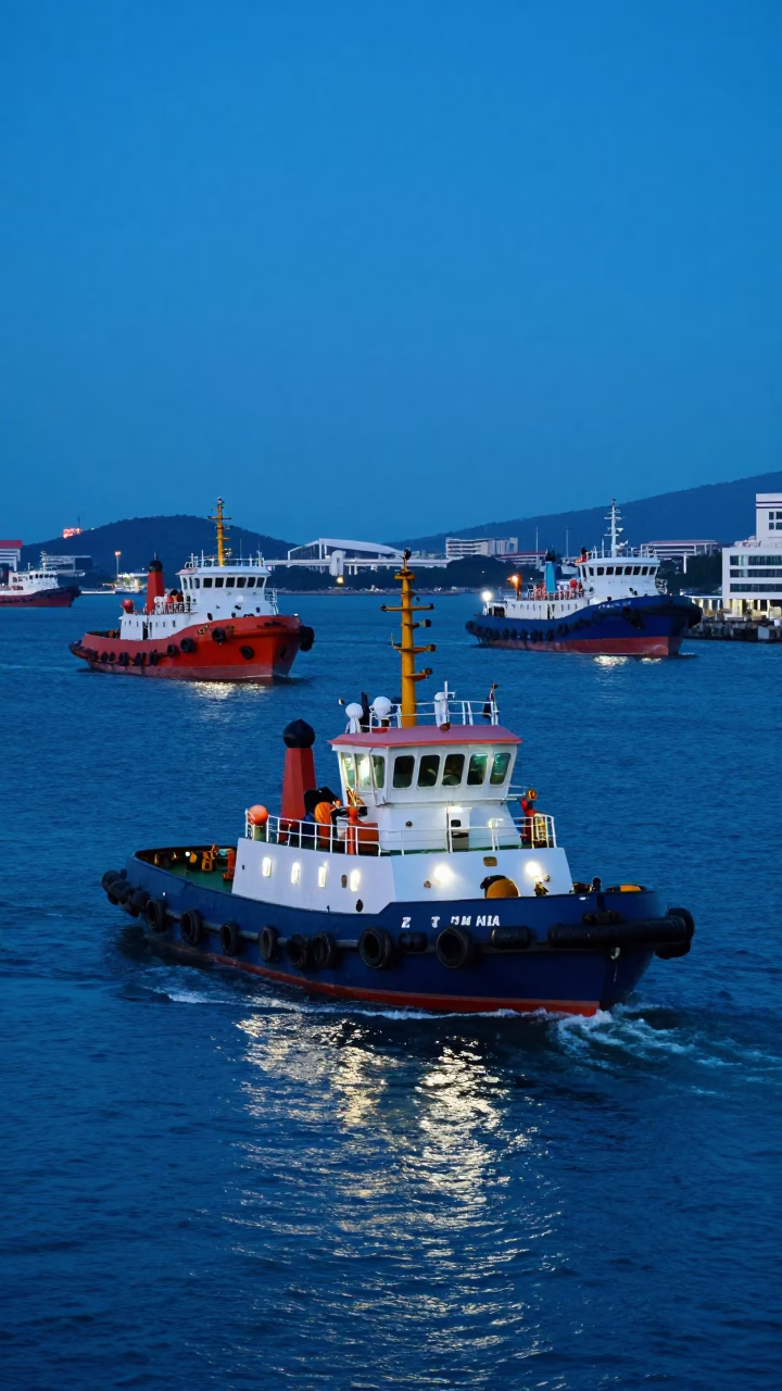 Kaohsiung Harbor Evening Tugboat Navigation Blue Hour Street Scene in in Kaohsiung, Taiwan