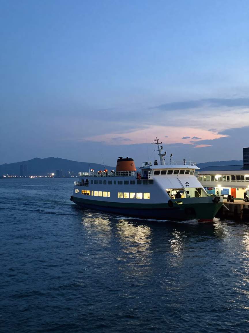 Kaohsiung Harbor Ferry Departure in Indigo Twilight with Distant Mountain Silhouettes in in Kaohsiung, Taiwan