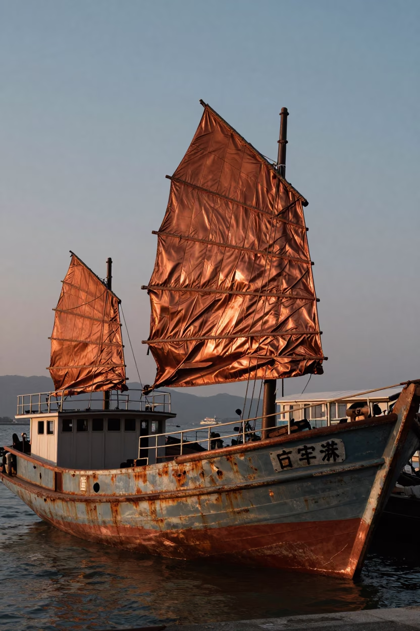 Kaohsiung Harbor Junk Boat in Copper Toned Dusk Light Before Sunset in in Kaohsiung, Taiwan