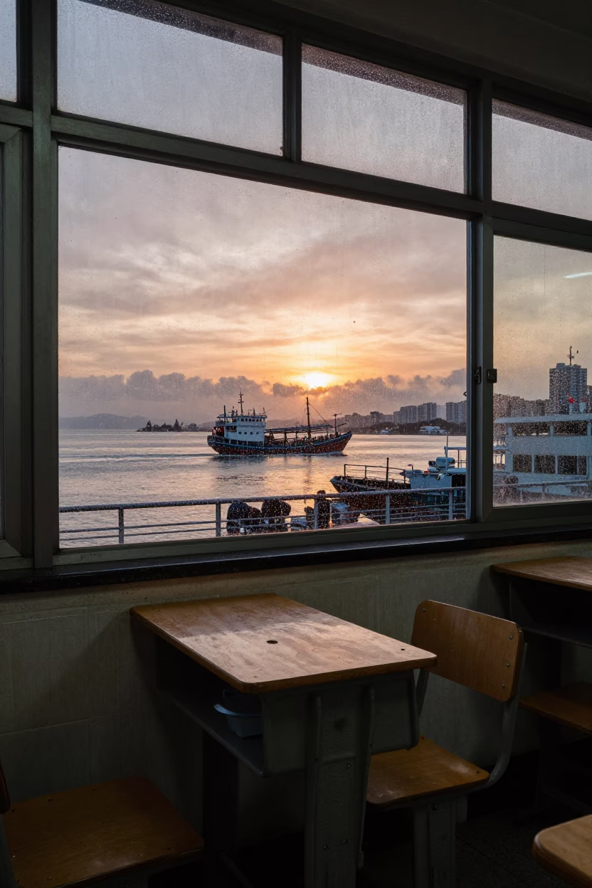 Kaohsiung Harbor Junk Boat Sunset View from Rainy Classroom Window in in Kaohsiung, Taiwan