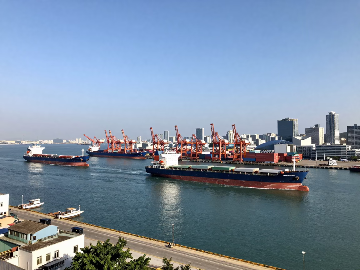 Kaohsiung Harbor Midday Activity with Cargo Ships and Urban Infrastructure in in Kaohsiung, Taiwan