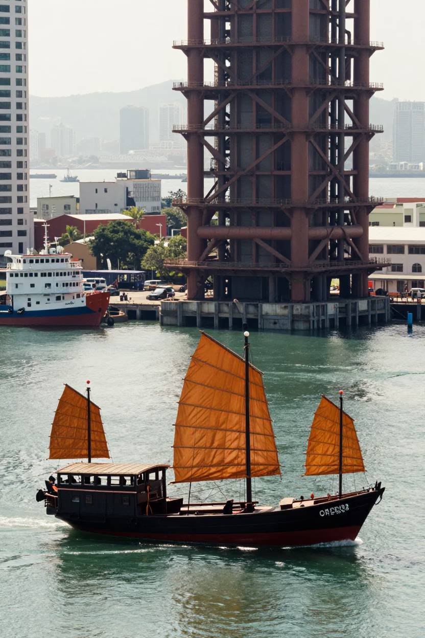 Kaohsiung Harbor Midmorning Scene with Chinese Junk and Canal Lock Gate in in Kaohsiung, Taiwan