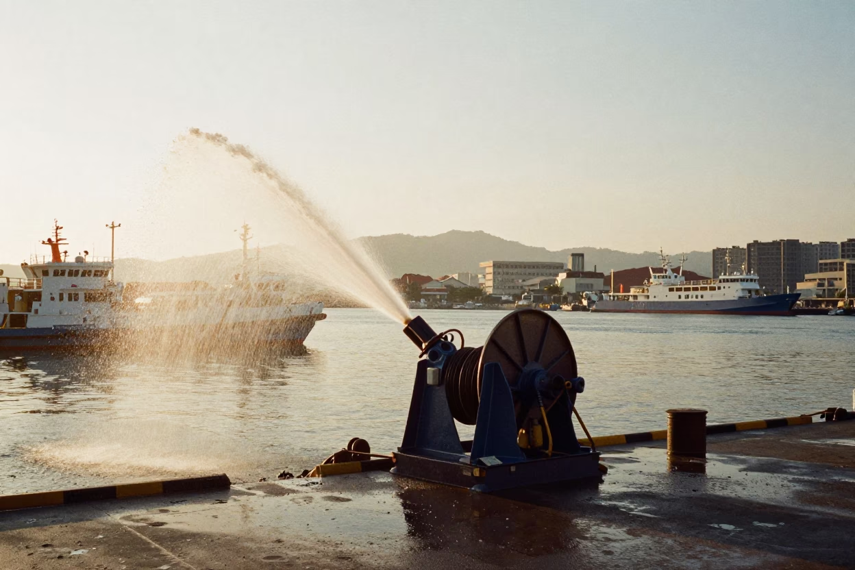 Kaohsiung Harbor Morning Light Hydrophone Winch Spraying Water Droplets in Golden Sunlight in in Kaohsiung, Taiwan