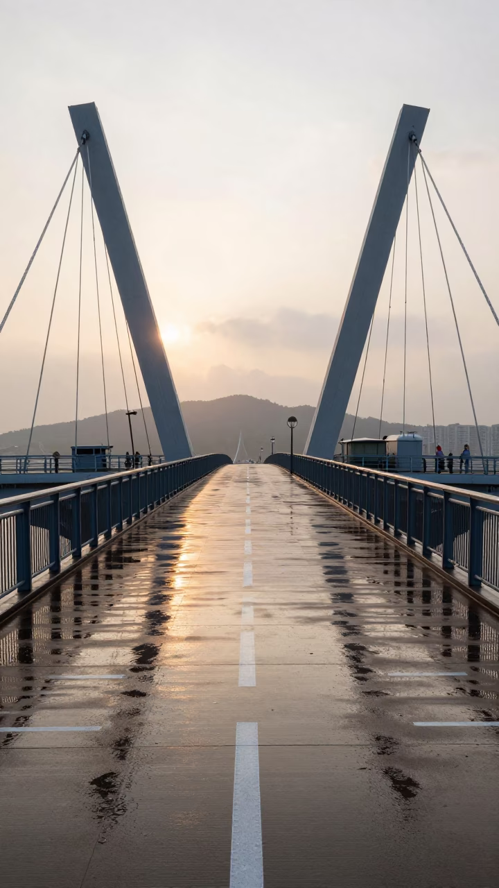 Kaohsiung Harbor Morning Light Reflecting on Wet Drawbridge Deck Markings After Sunrise in in Kaohsiung, Taiwan