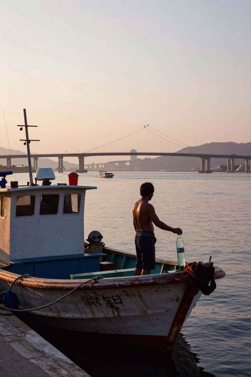 Kaohsiung Harbor Nautical Dawn Fishing Boat with Plastic Bottle and Local Fisherman in in Kaohsiung, Taiwan