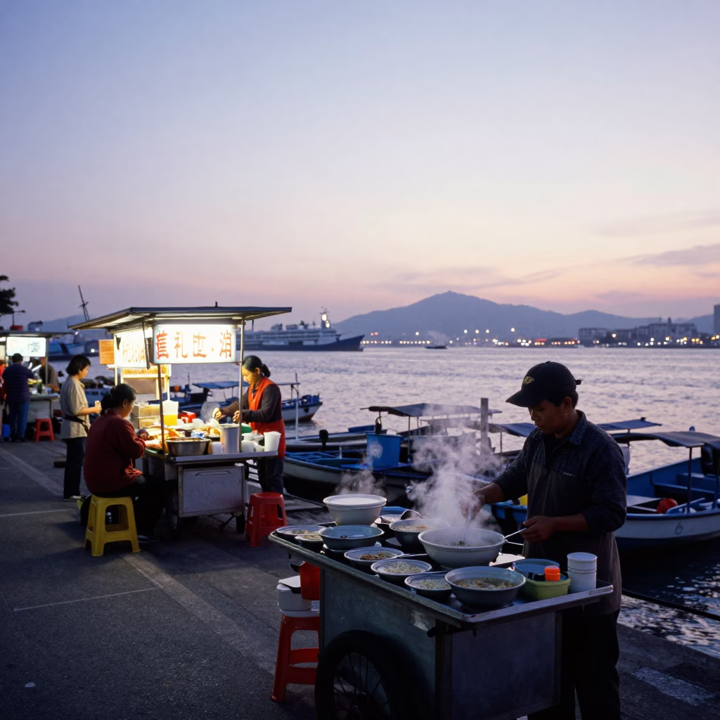 Kaohsiung Harbor Nautical Dawn Street Scene with Food Vendor and Pedestrians in in Kaohsiung, Taiwan