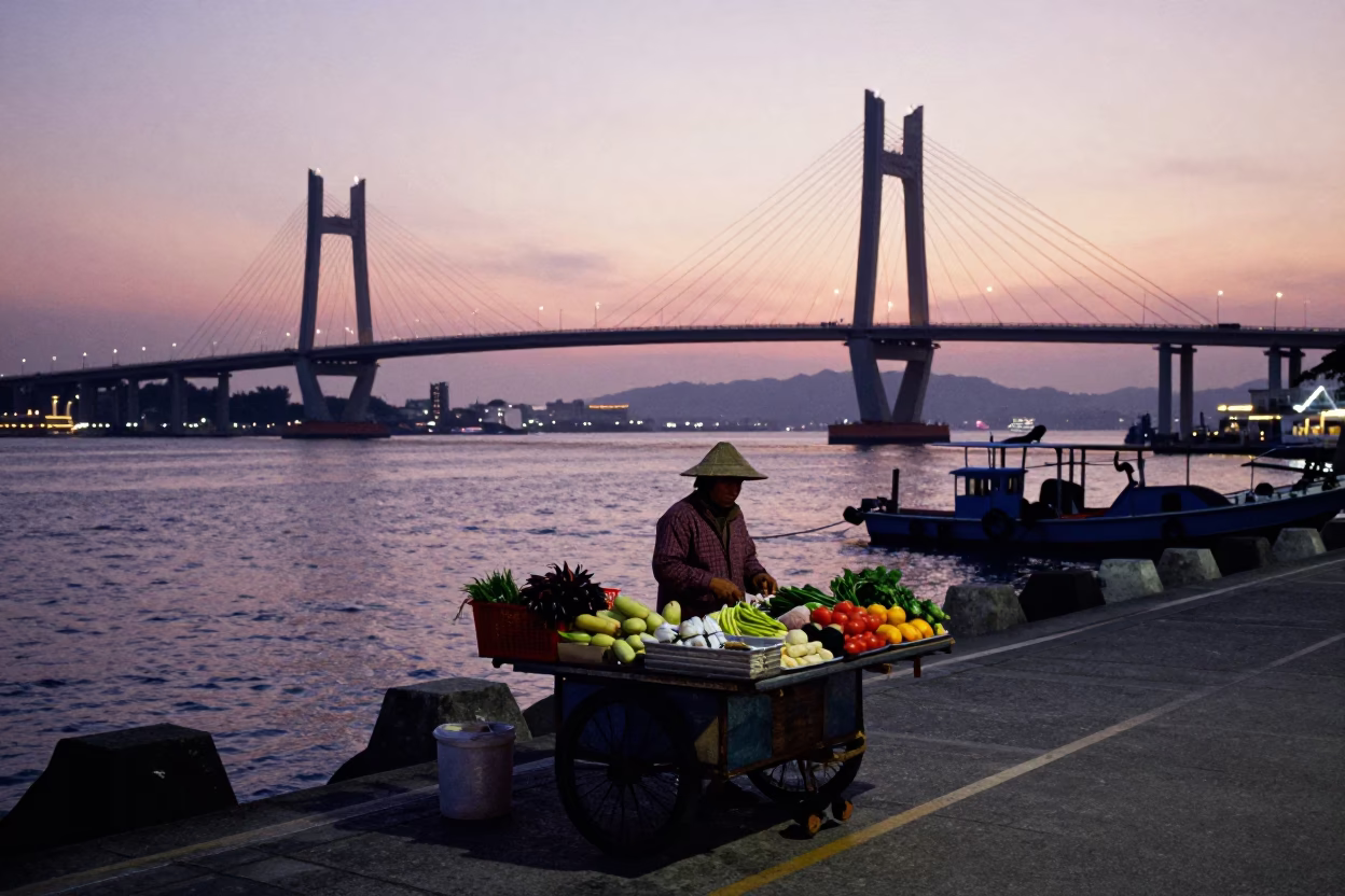Kaohsiung Harbor Nautical Dawn Street Scene with Vendor and Twine Fibers in in Kaohsiung, Taiwan