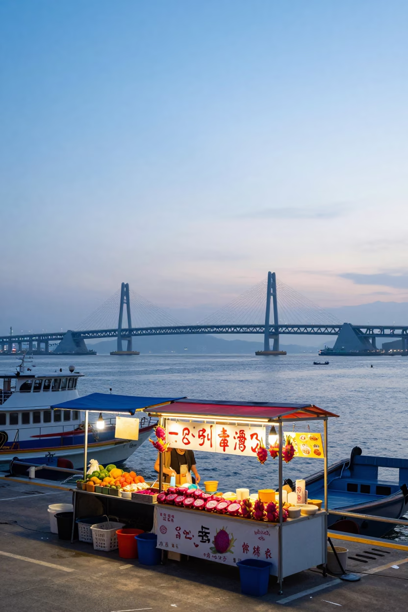 Kaohsiung Harbor Nautical Dawn with Dragon Fruit Market Stall in in Kaohsiung, Taiwan