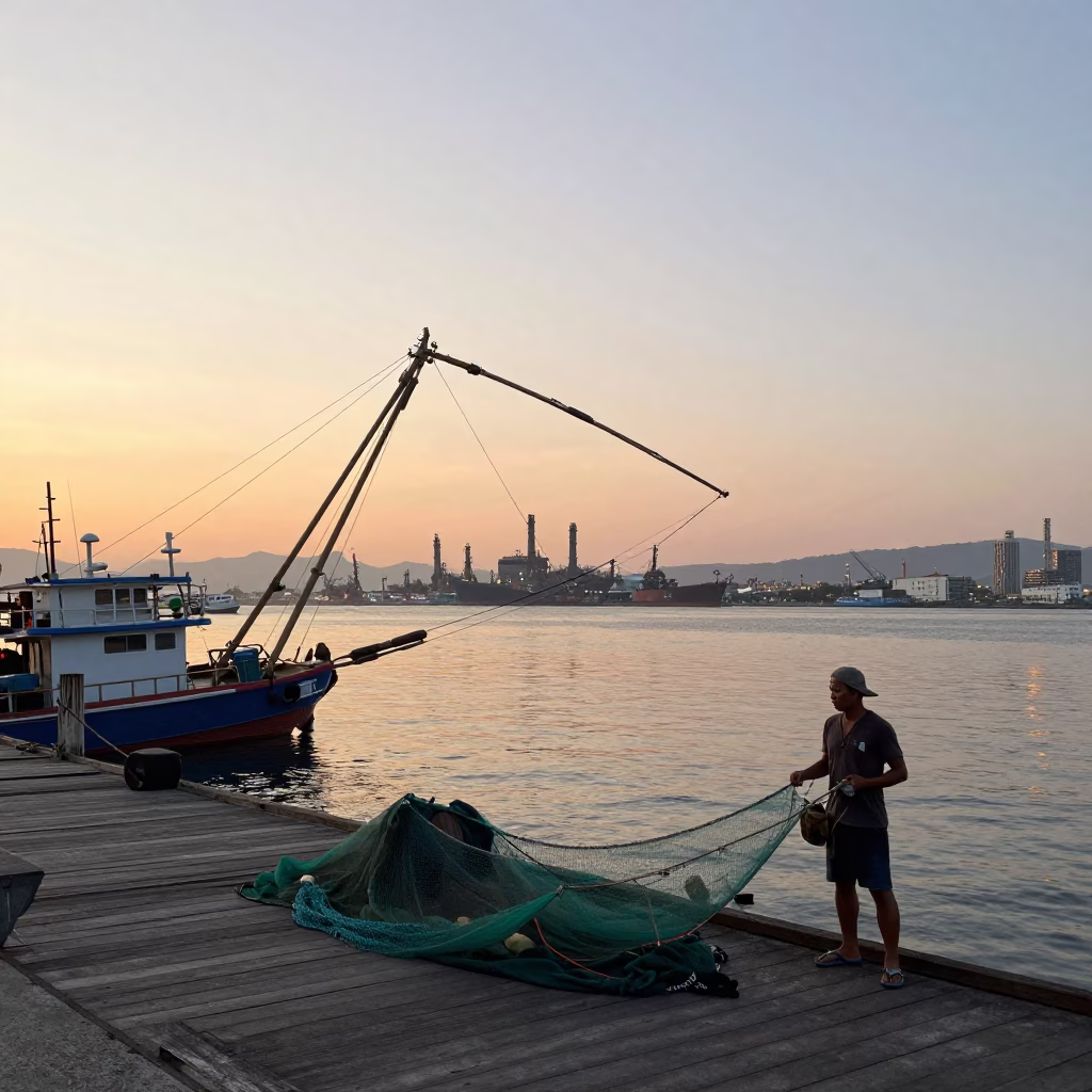 Kaohsiung Harbor Nautical Dawn with Fishing Nets and Traditional Architecture in in Kaohsiung, Taiwan
