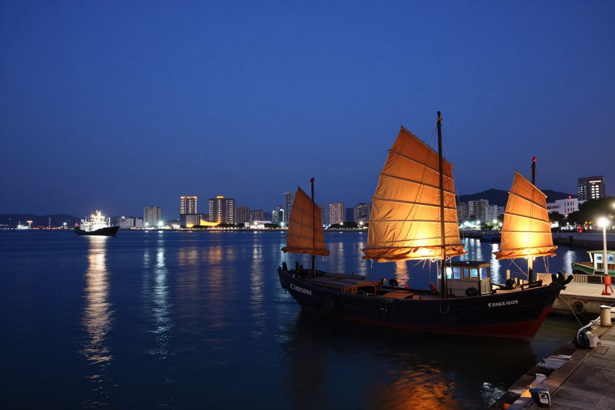 Kaohsiung Harbor Night Scene with Chinese Junk and City Lights Glow in in Kaohsiung, Taiwan