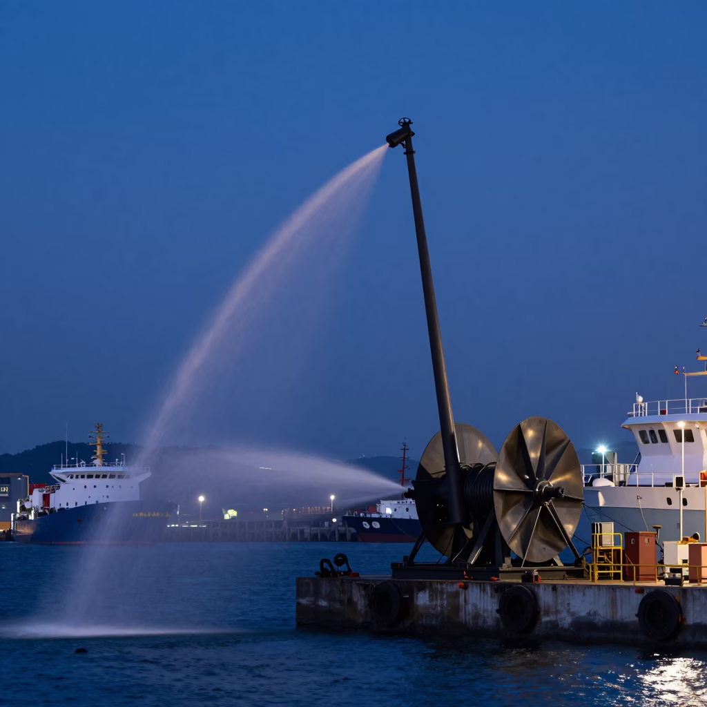 Kaohsiung Harbor Pre-Dawn Light with Hydrophone Winch Spraying Water Droplets in in Kaohsiung, Taiwan