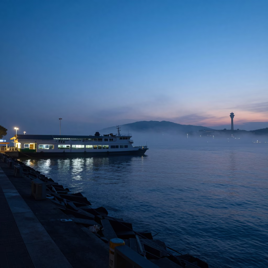 Kaohsiung Harbor Pre-Dawn Mist Over Waterfront Promenade and Ferry Terminal in in Kaohsiung, Taiwan