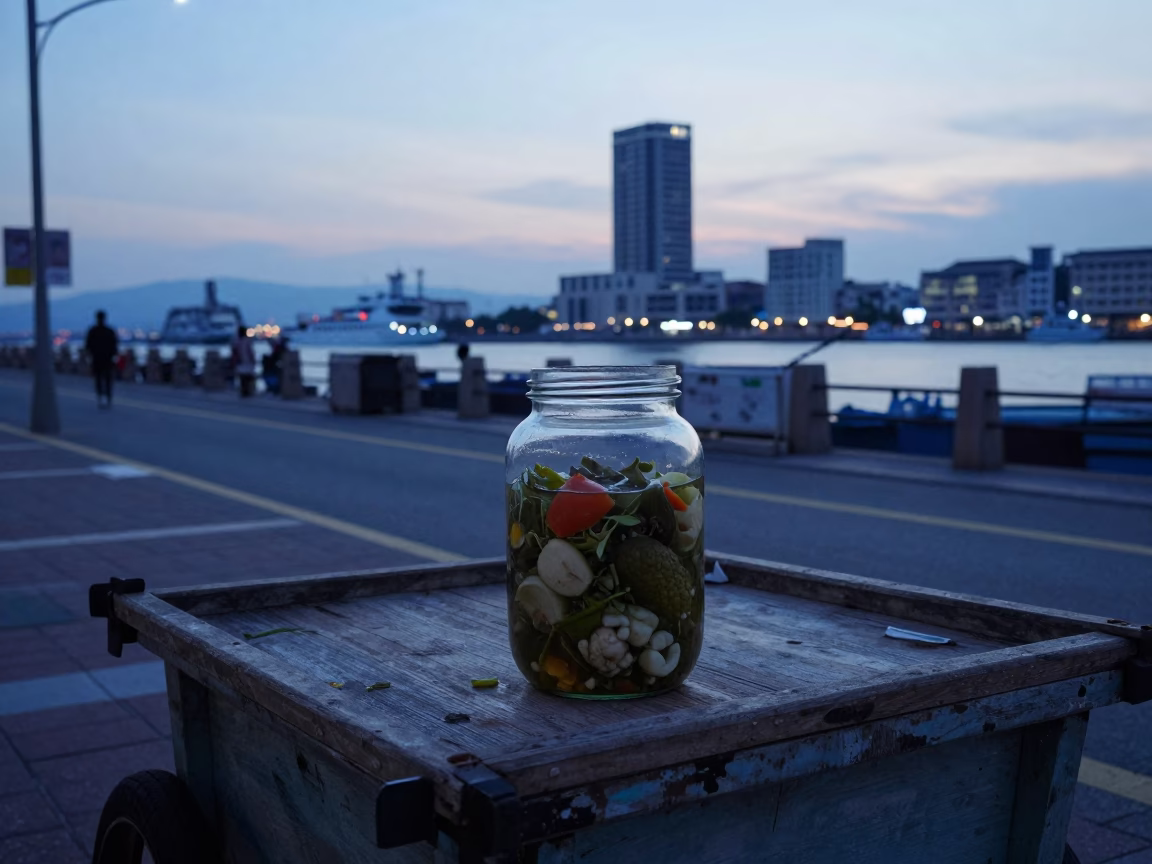 Kaohsiung Harbor Pre-Dawn Street Scene with Glass Jar and Twine Fibers in in Kaohsiung, Taiwan