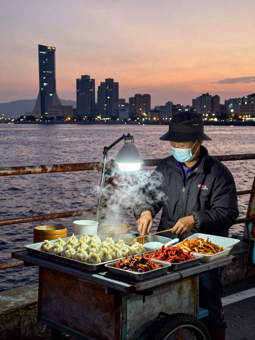 Kaohsiung Harbor Pre-Dawn Street Vendor with Momos and Spicy Chutney in in Kaohsiung, Taiwan