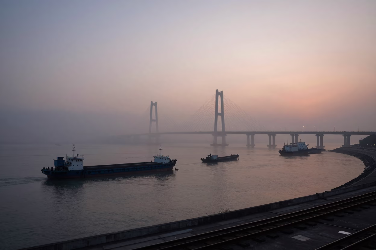 Kaohsiung Harbor Predawn Mist Over Coal Barges and Railroad Bridge in in Kaohsiung, Taiwan