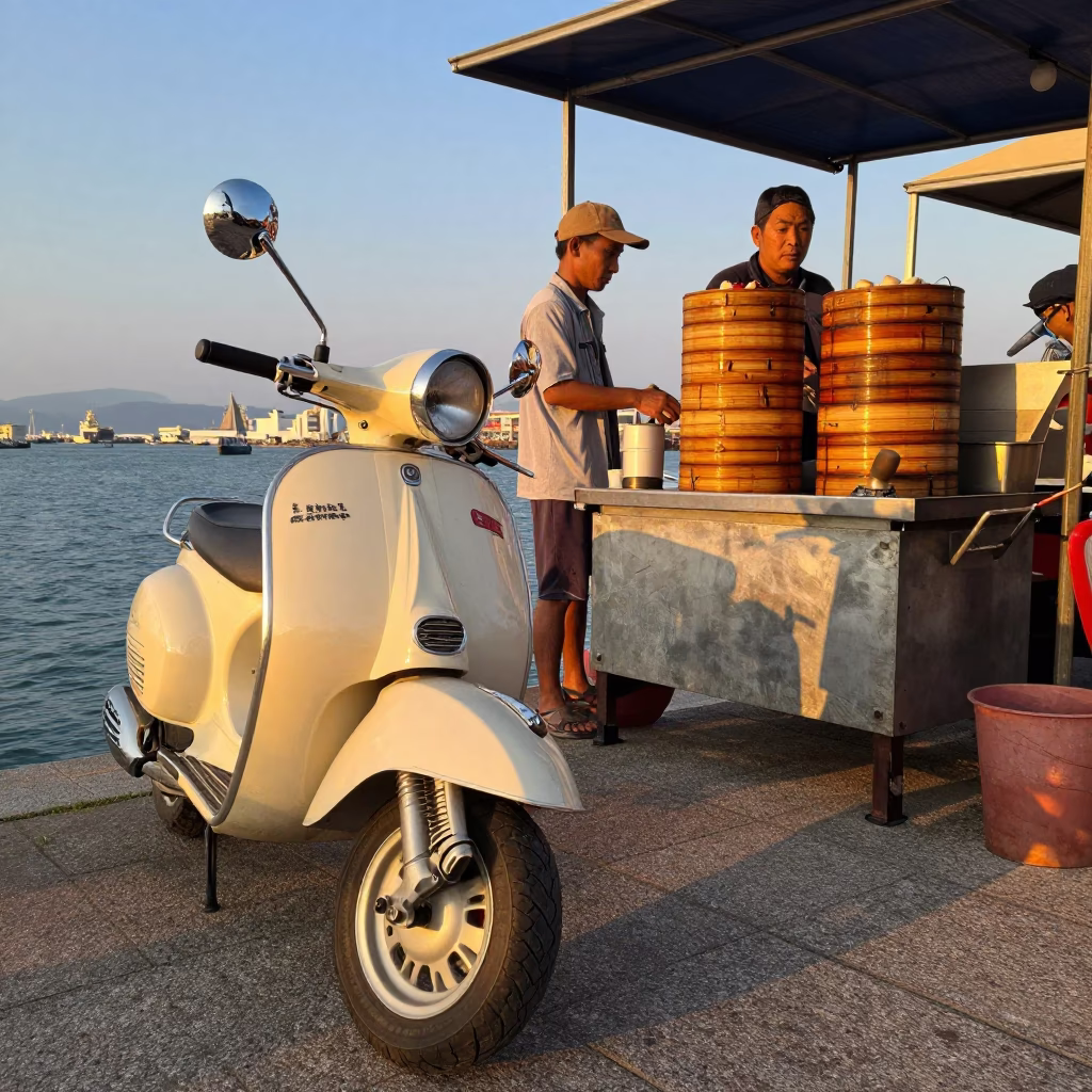 Kaohsiung Harbor Scooter and Dim Sum Steamers in Golden Evening Light in in Kaohsiung, Taiwan