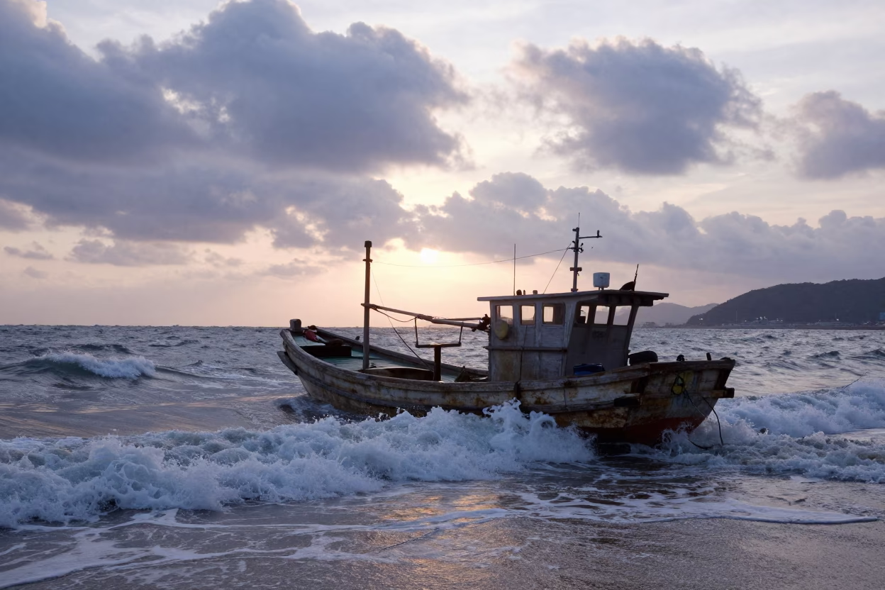 Kaohsiung Harbor Sunrise with Fishing Boat Returning Through Crashing Surf in Taiwan in in Kaohsiung, Taiwan