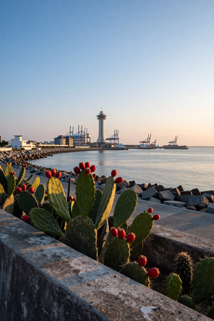 Kaohsiung Harbor Sunrise with Prickly Pear Cactus and Traditional Market Activity in in Kaohsiung, Taiwan