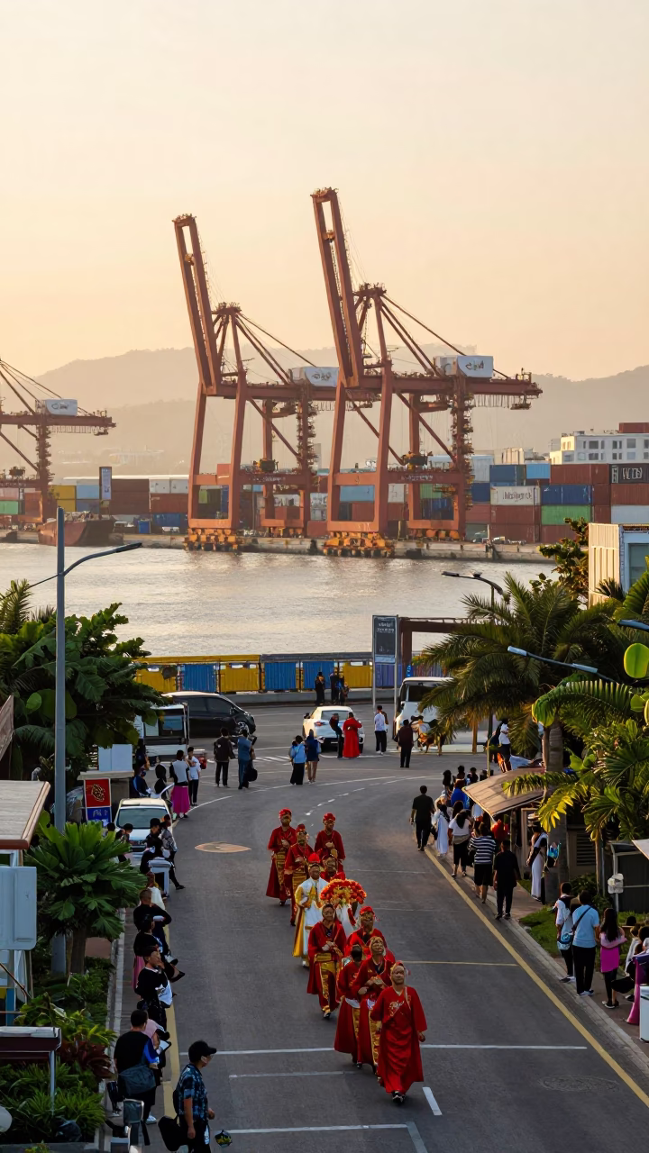 Kaohsiung Harbor Sunrise with Traditional Wedding Procession and Sunlit Fabric in in Kaohsiung, Taiwan