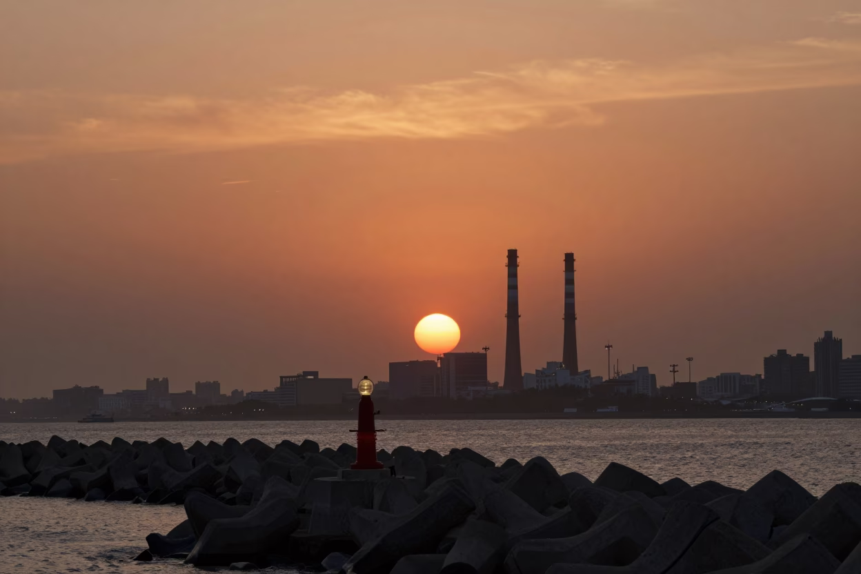 Kaohsiung Harbor Sunset Coastal Breakwater Warning Beacons Dusk Light in in Kaohsiung, Taiwan