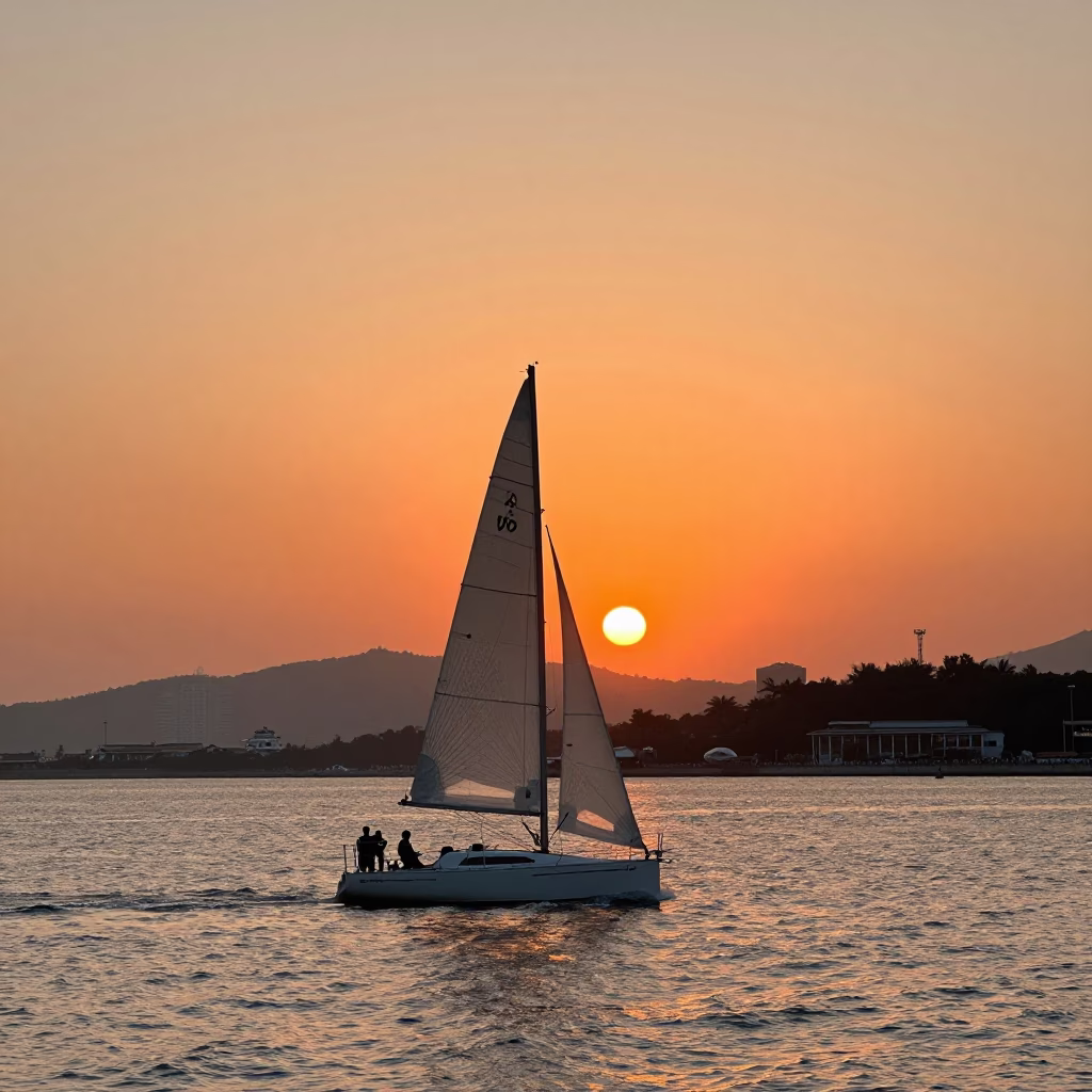Kaohsiung Harbor Sunset Sailboat Tacking Against Orange Sky in in Kaohsiung, Taiwan