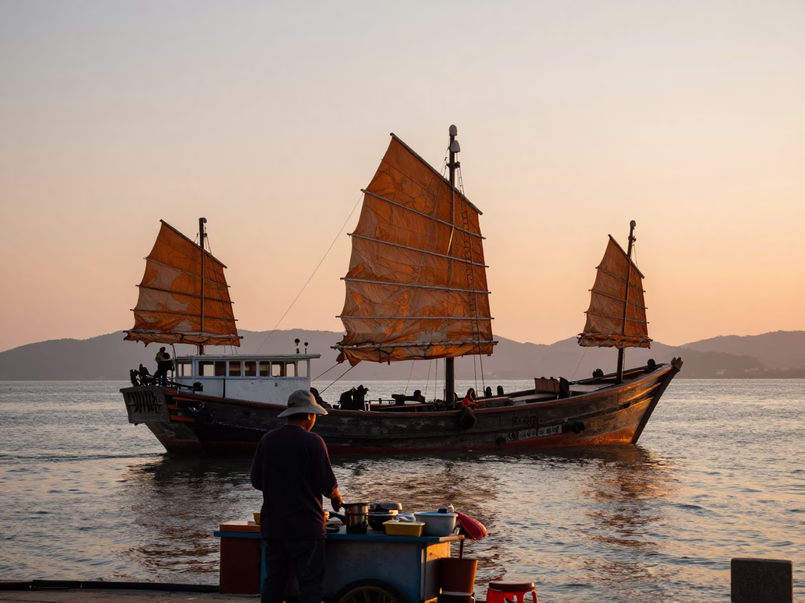 Kaohsiung Harbor Sunset with Chinese Junk and Street Vendor in in Kaohsiung, Taiwan