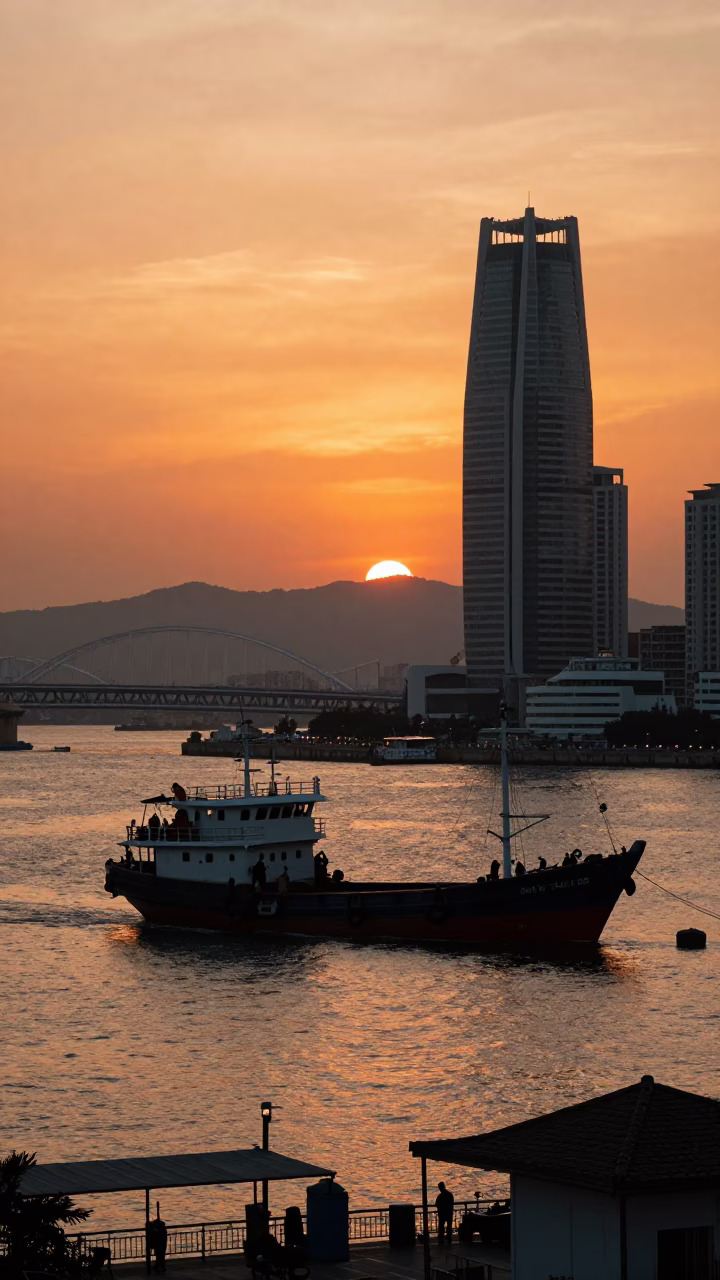 Kaohsiung Harbor Sunset with Junk Boat and Viaduct in 1980s Taiwan in in Kaohsiung, Taiwan
