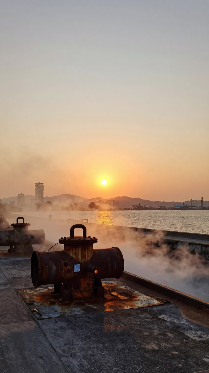 Kaohsiung Harbor Sunset with Steam Haze and Vintage Industrial Pipelines in in Kaohsiung, Taiwan