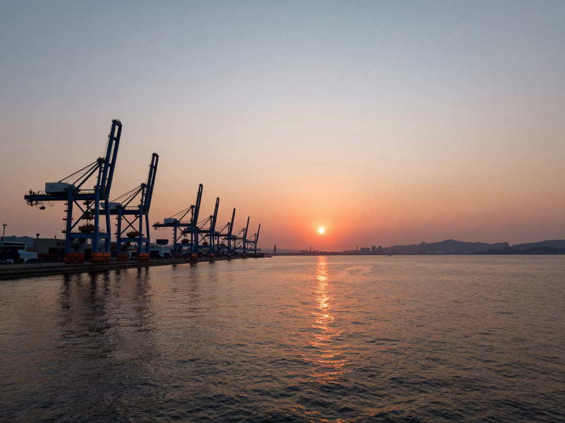 Kaohsiung Harbor Sunset with Steel Cranes and Blue White Porcelain Tea Set in in Kaohsiung, Taiwan
