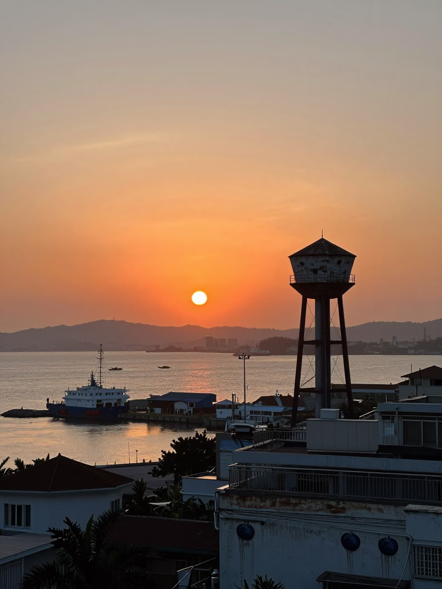 Kaohsiung Harbor Sunset with Water Tower and Blueberries on Street Vendor Cart in in Kaohsiung, Taiwan