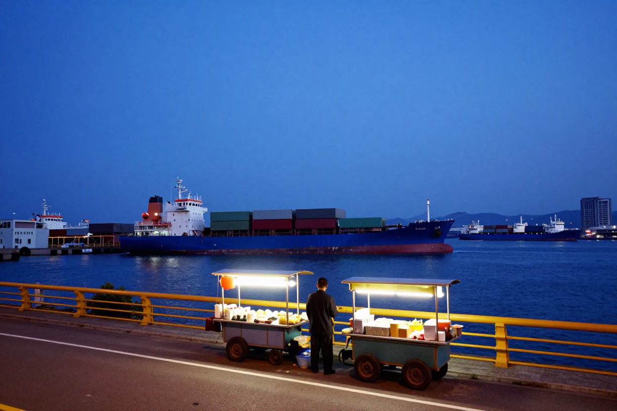 Kaohsiung Harbor Twilight with Colorful Cargo Ships and Street Food Vendor in in Kaohsiung, Taiwan