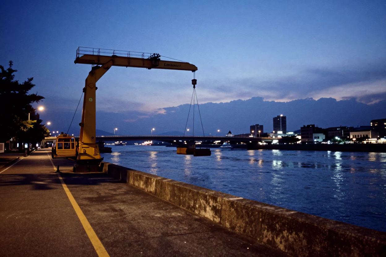 Kaohsiung Indigo Twilight Street Scene with Bridge Maintenance Cradle Over Cold River Water in in Kaohsiung, Taiwan