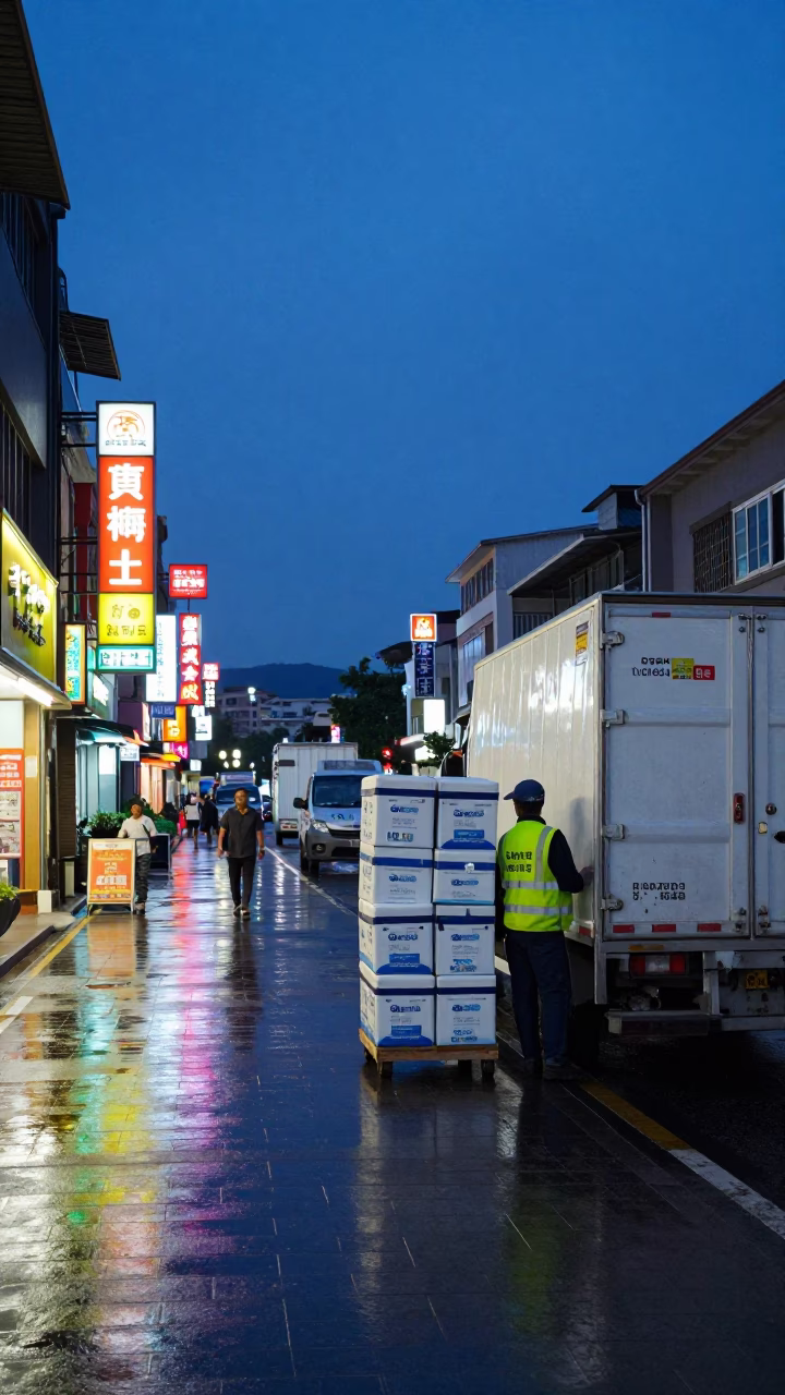 Kaohsiung indigo twilight street scene with cold chain logistics crates and local vendor interaction in in Kaohsiung, Taiwan