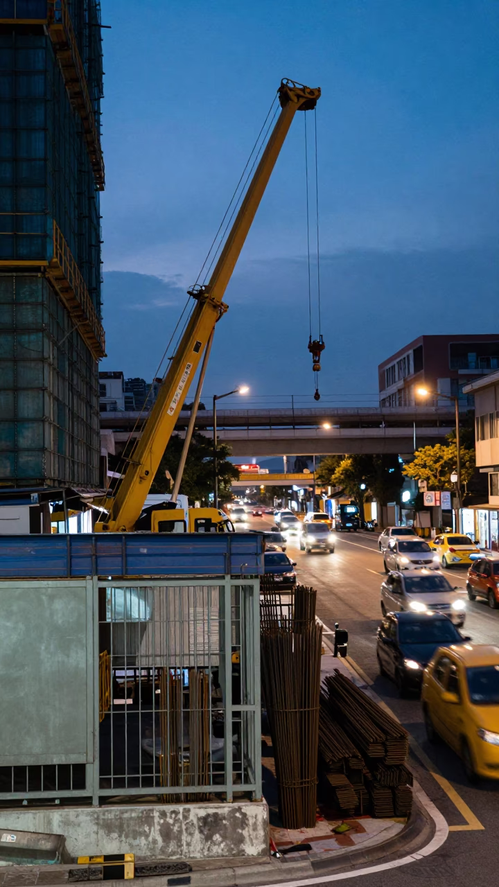 Kaohsiung indigo twilight street scene with construction elevator and busy traffic interchange in in Kaohsiung, Taiwan