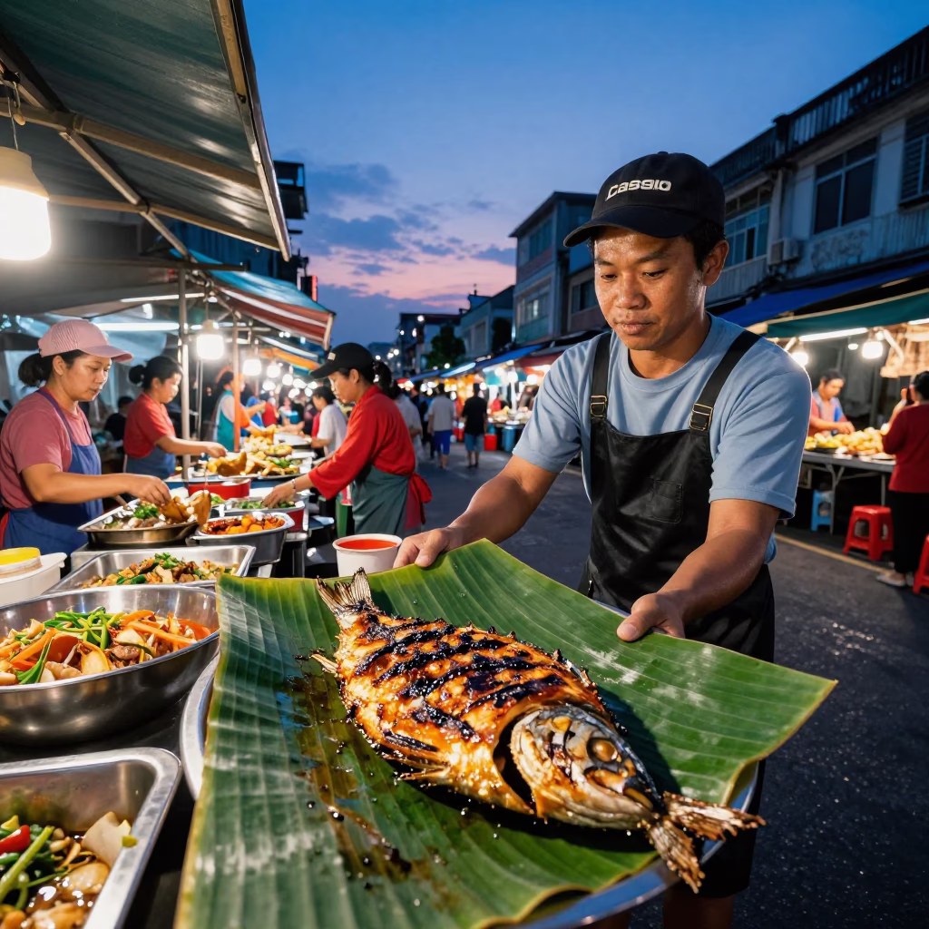 Kaohsiung Indigo Twilight Street Scene with Grilled Fish and Ceramic Cup in in Kaohsiung, Taiwan