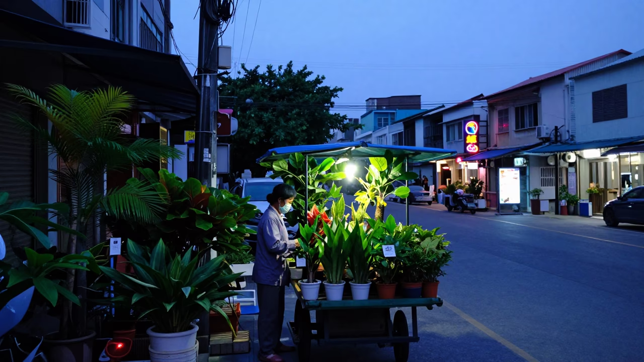 Kaohsiung indigo twilight street scene with houseplants and local interaction in in Kaohsiung, Taiwan